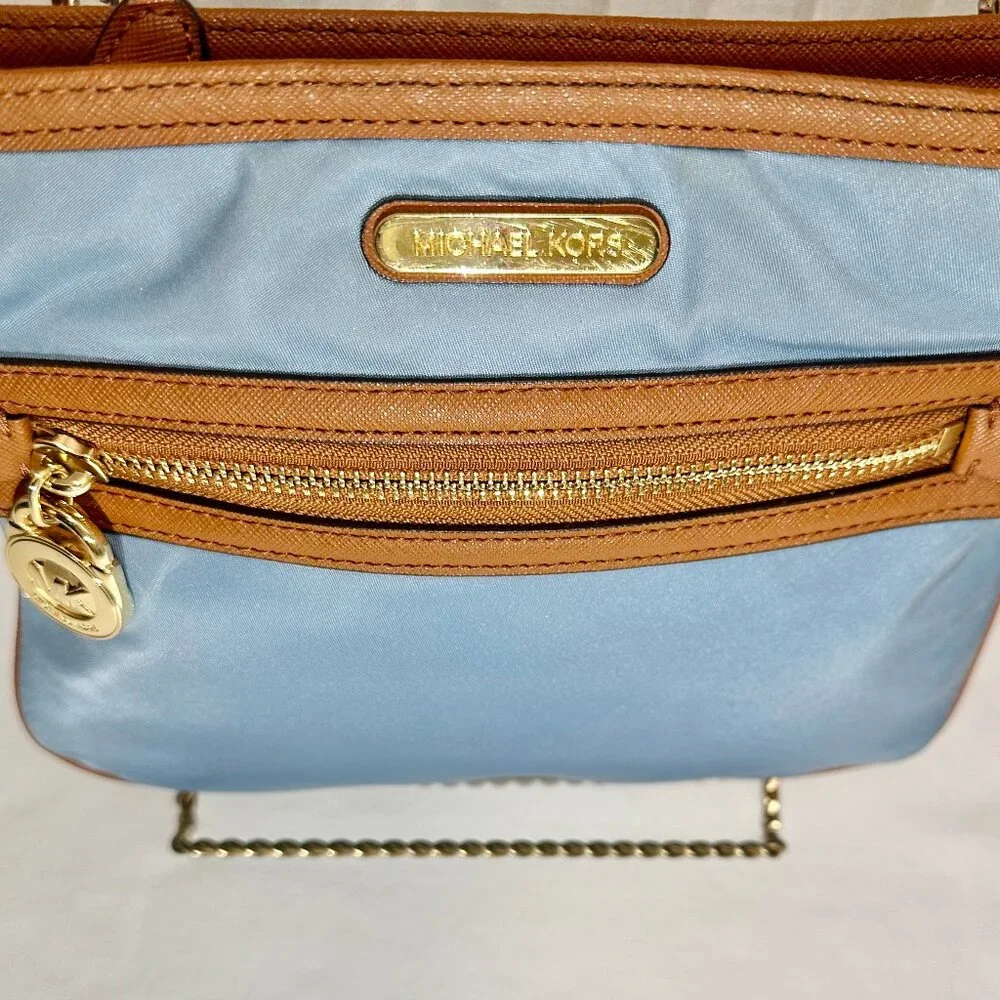 MICHAEL Michael Kors MK Kempton Powder Blue Nylon & Brown Leather Crossbody Bag